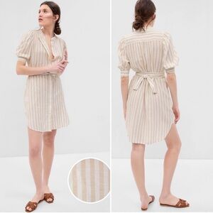 GAP Striped Puff Sleeve Linen-Cotton Button Down Shirt Dress Sz M NWT Fisherman